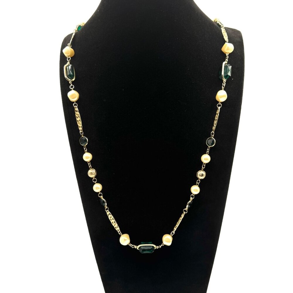 Vintage Faux Pearls And Green Rhinestones  Gold Tone Necklace